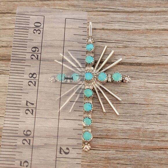 Vintage Sterling Zuni Green Turquoise Light Rays Cross - Picture 6 of 7